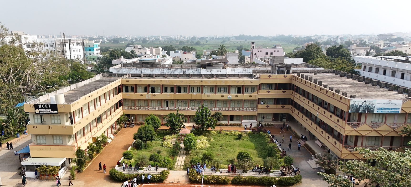 Aerial view of the HCET campus buildings and grounds